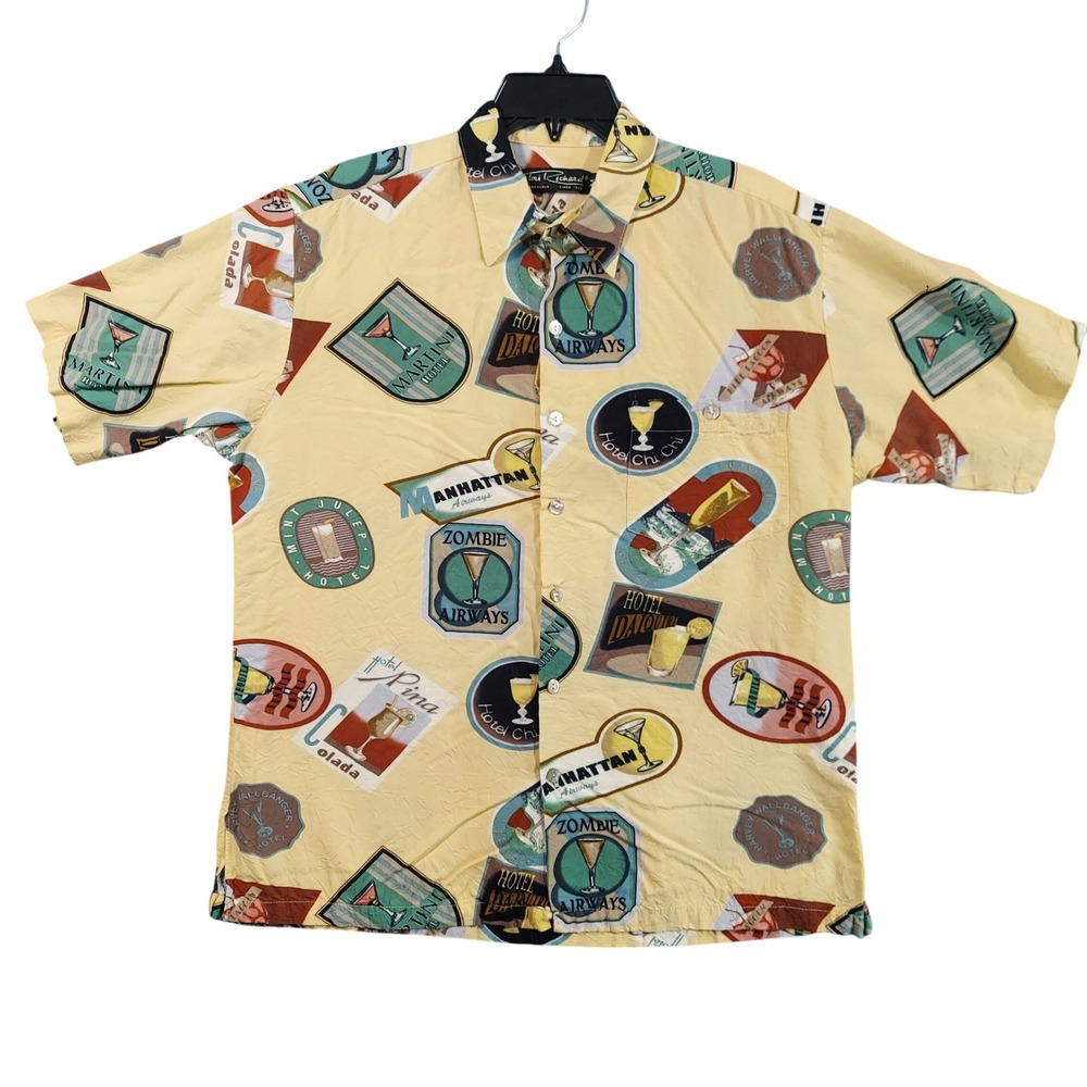Tori Richard Button Up Shirt Men Medium Yellow Cocktail Hotel Label Hawaiian USA